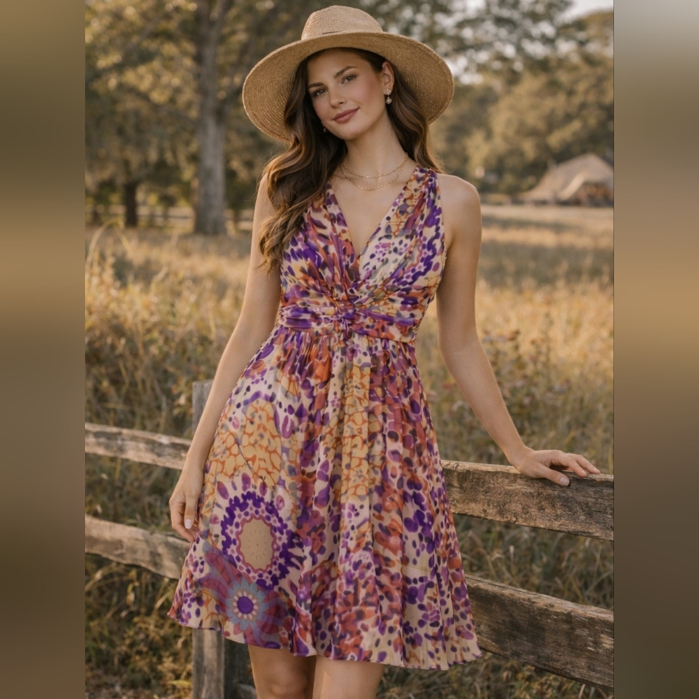 Suzi Chin Multicolor Floral 100% Silk Midi Dress